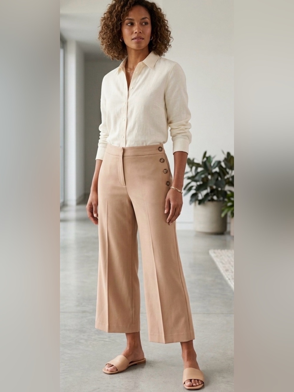 lascana Wide-Leg Cropped Pants with Side Button Detail - Beige